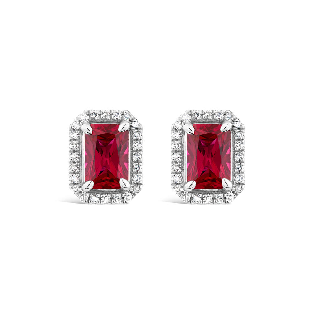 9ct White Gold Ruby and Diamond Rectangular Created Stud Earrings image number 0