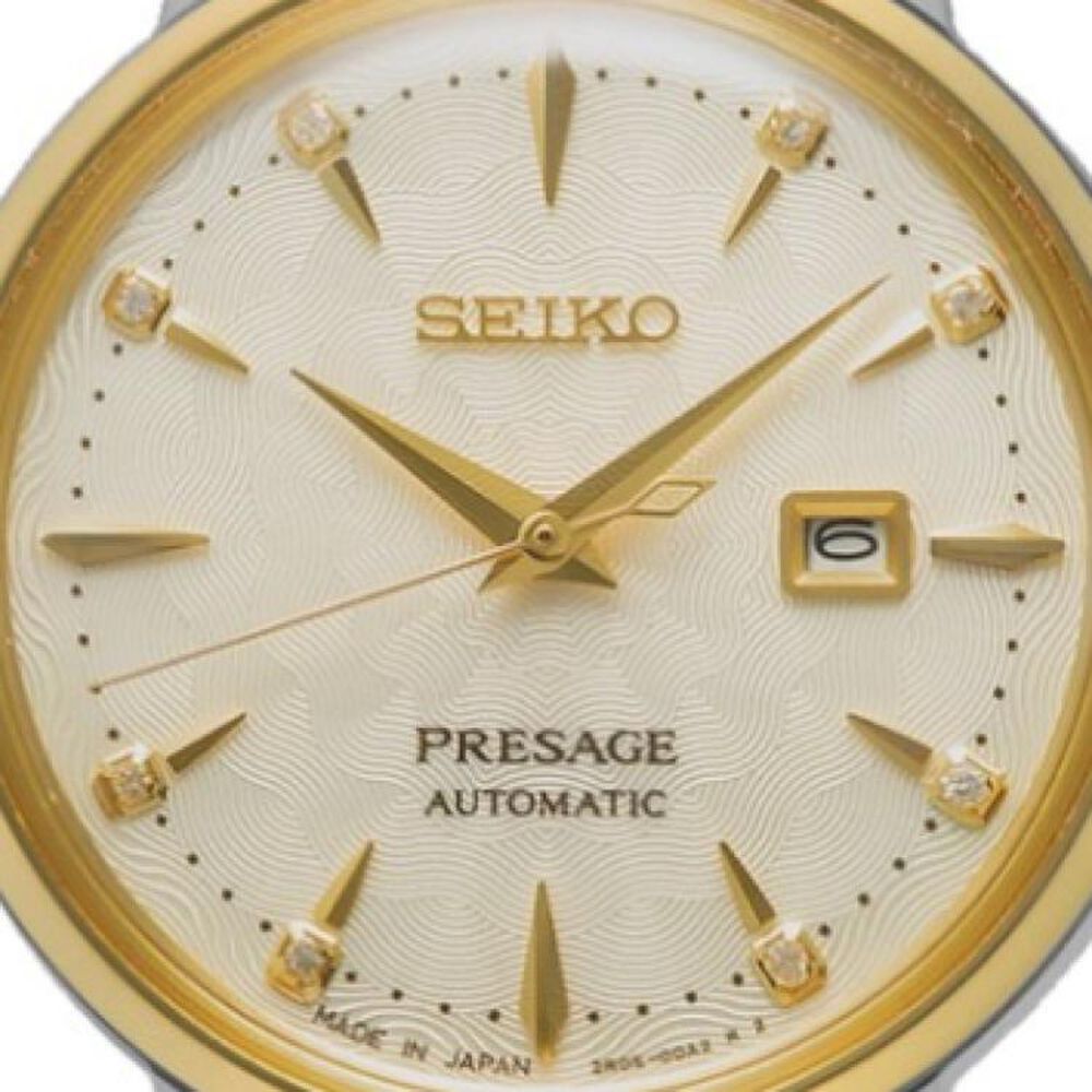 Seiko Presage 30mm Cocktail Time 'White Lady' Diamond Twist Yellow Gold Case Watch image number 3