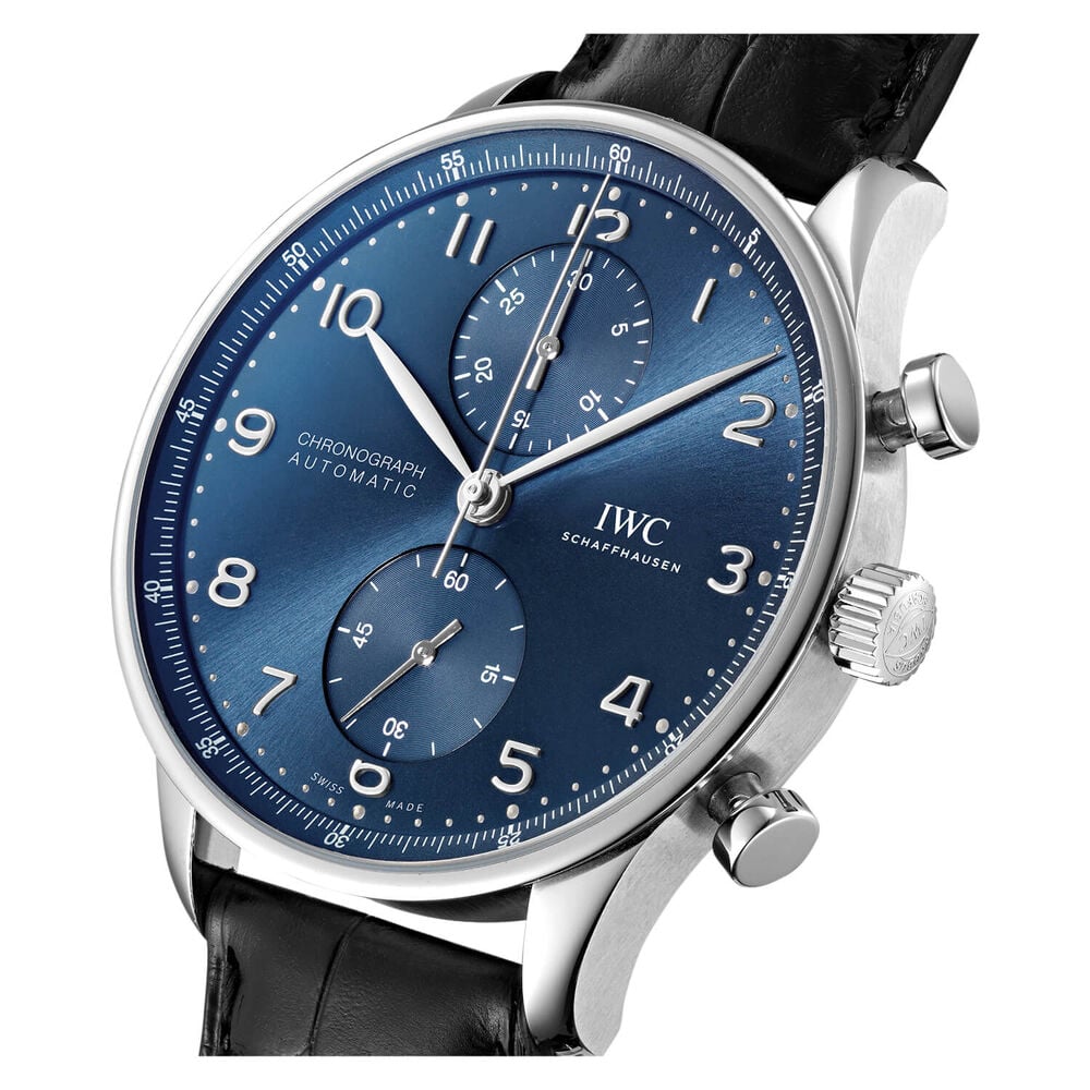 IWC Schaffhausen Portugieser Chronograph Blue Dial Black Strap Watch