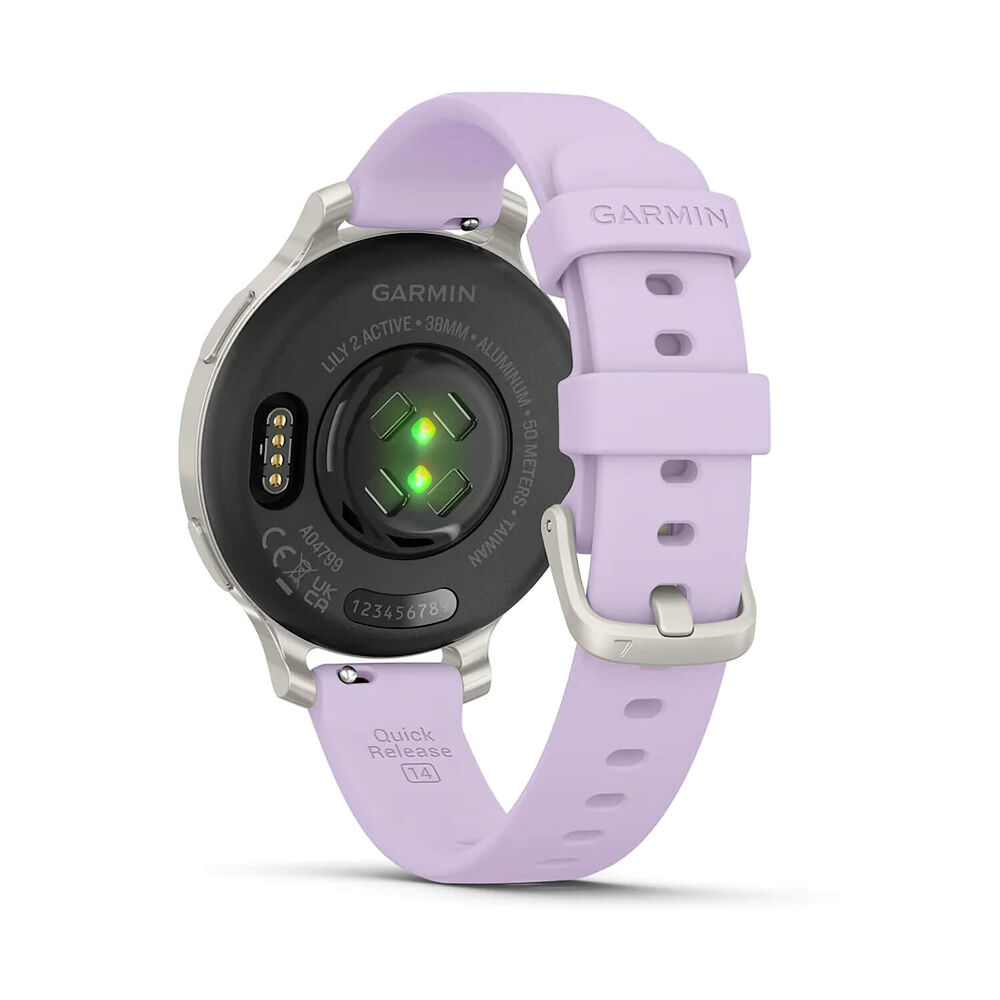 Garmin Lily® 2 Active Silver Bezel Purple Jasmine Silicone Strap Watch image number 8