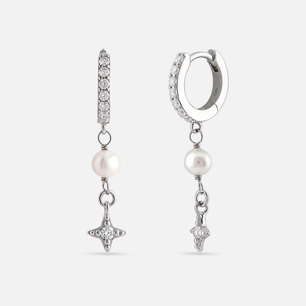 Sterling Silver Pearl & Cubic Zirconia Star Huggie Earrings