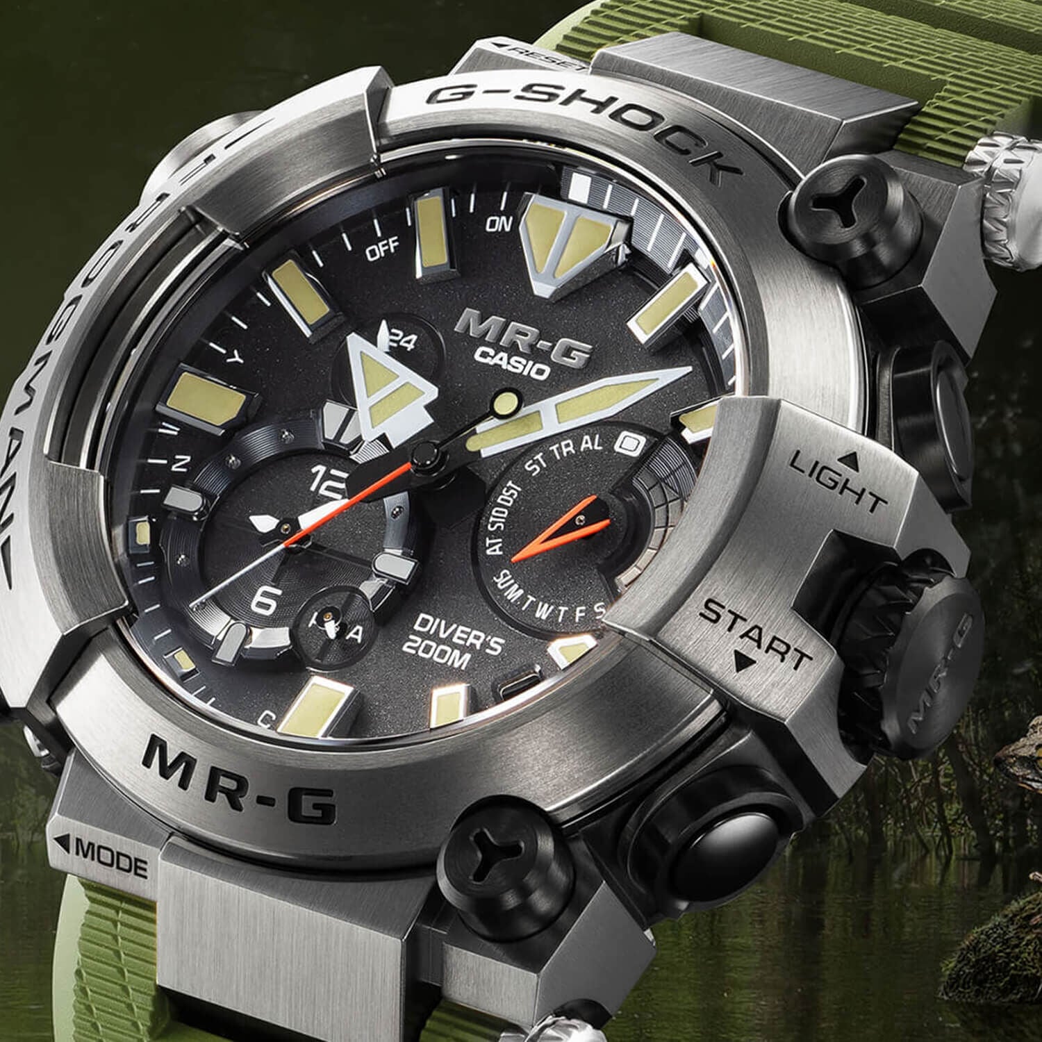 G-SHOCK MR-G 56mm Black Dial Green Resin Strap Watch