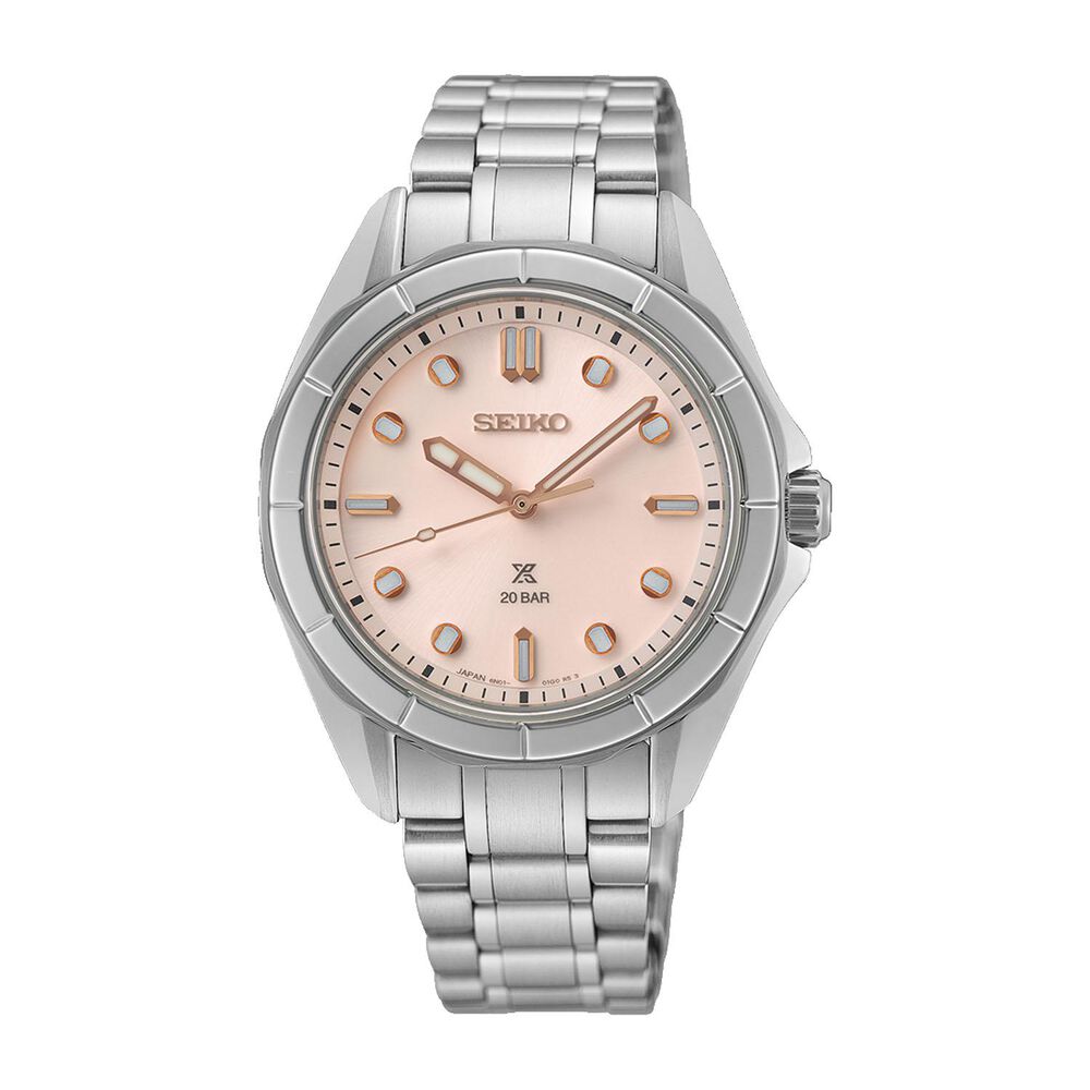 Seiko Prospex Ladies Marine Sports Shell Pink 34mm Dial Steel Bracelet Watch