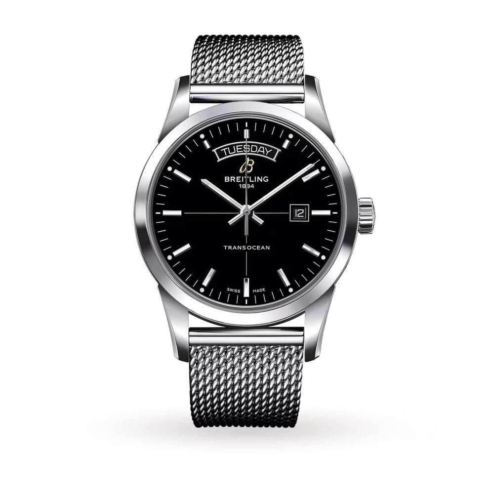 Pre-Owned Breitling Transocean 43mm Black Dial Steel Mesh Bracelet Watch image number 0