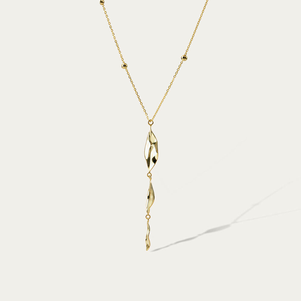 9ct Yellow Gold Beaded Chain 3 Polished Leaves Necklet