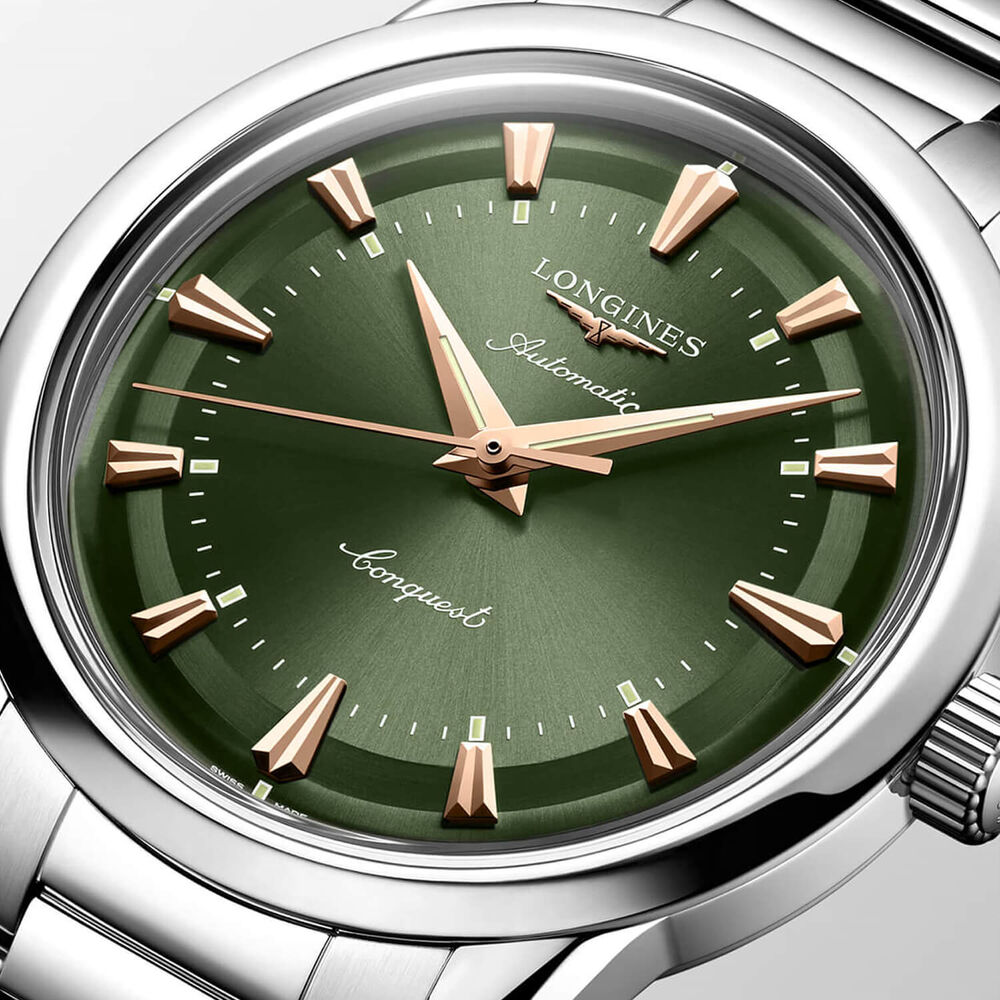 Longines Conquest Heritage 38mm Green Dial & Pink Hands Steel Bracelet Watch image number 2