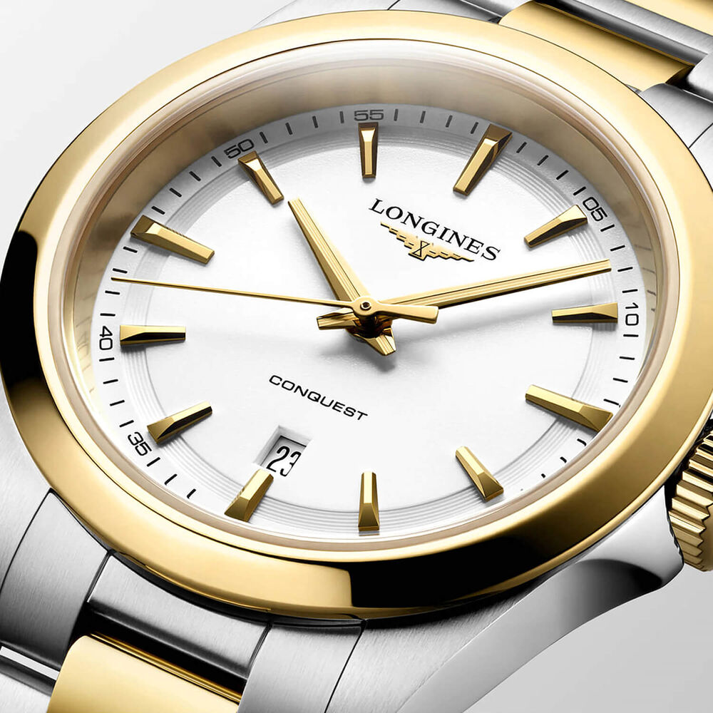 Longines Conquest 30mm White Dial Yellow Gold PVD Steel Bracelet Watch