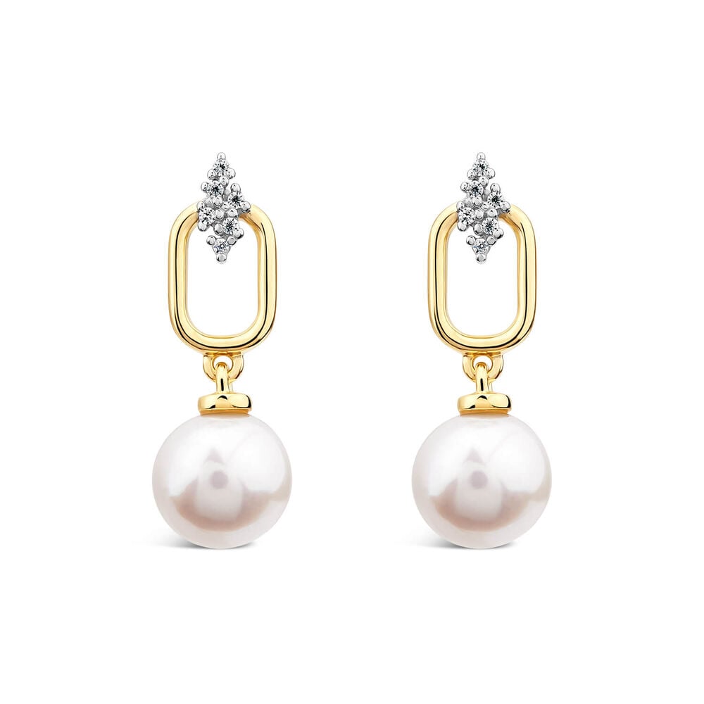 9ct Yellow Gold Freshwater Pearl & Six Diamond Stones Rectangular Tip Drop Earrings image number 0