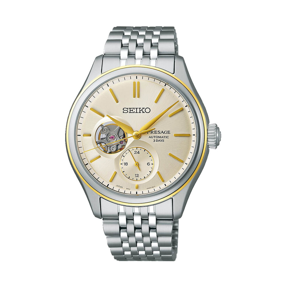 Seiko Presage Classic Series 40.2mm Open Heart Delicate Cream Silk Steel Bracelet Watch