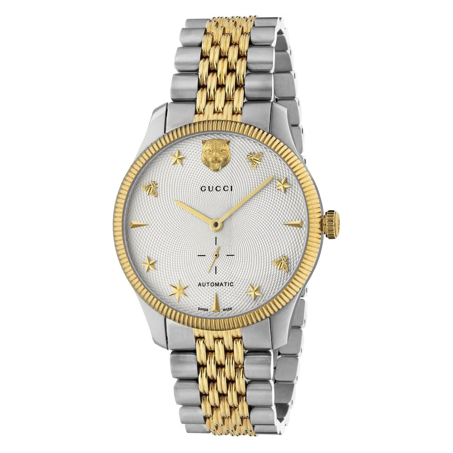 Gucci G Timeless 40mm Silver Guilloche Dial Steel Yellow Gold PVD Case Watch