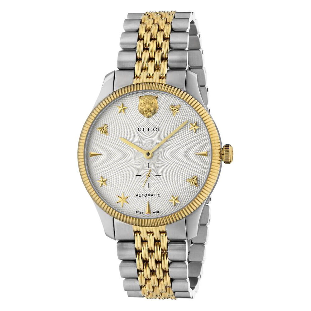 Gucci G-Timeless 40mm Silver Guilloche Dial Steel & Yellow Gold PVD Case Watch