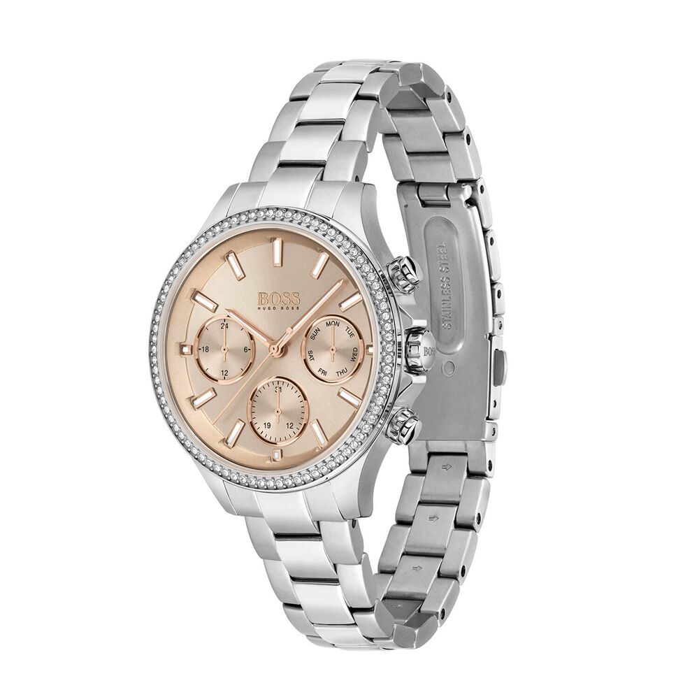 BOSS Hera 38mm Rose Dial Chrono Cubic Zirconia Bezel Steel Bracelet Watch
