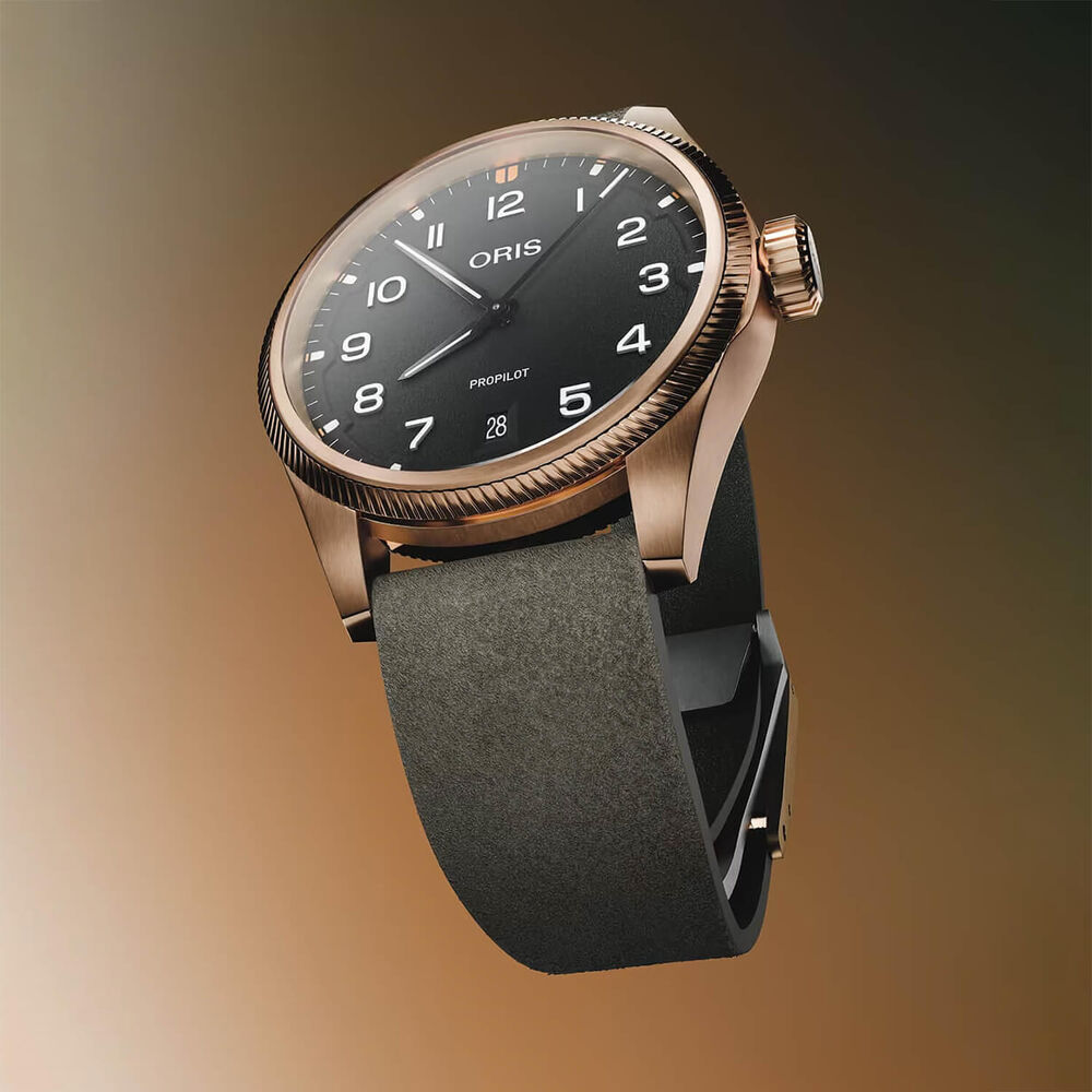 Oris Propilot Bronze 41mm Black Dial Dark Green Leather Strap Watch