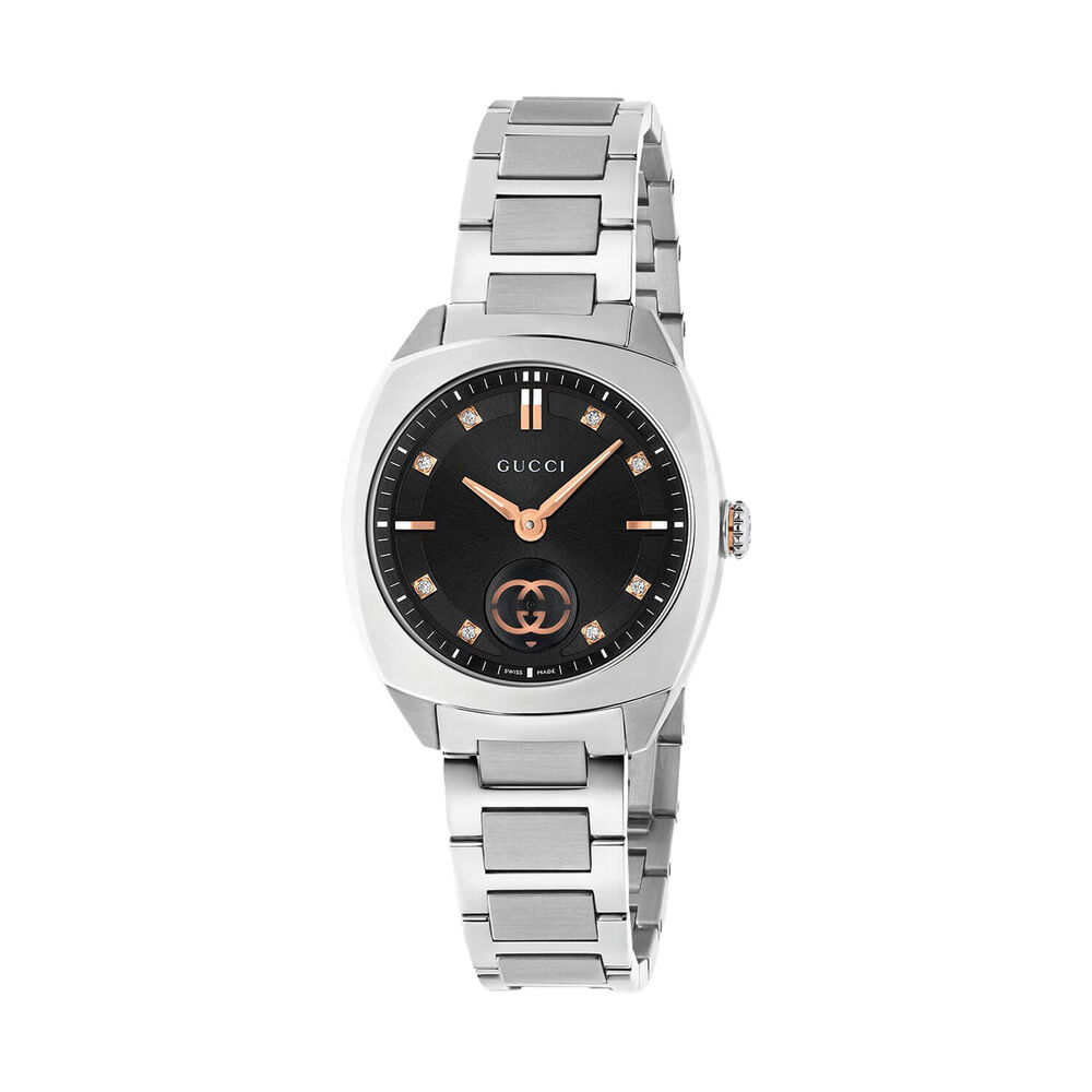 Gucci Interlocking 29mm Black Dial Diamond Dots Steel Bracelet Watch