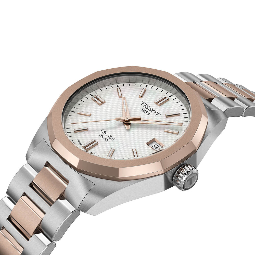 Tissot PRC 100 Solar 34mm Mother of Pearl Dial Rose Gold PVD Steel Bracelet Watch