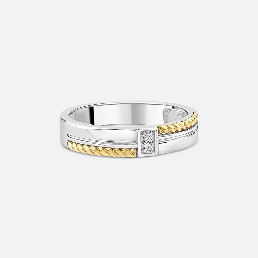 Sterling Silver & 9ct Yellow Gold 0.02ct Diamond Centre Rope Edge Ring