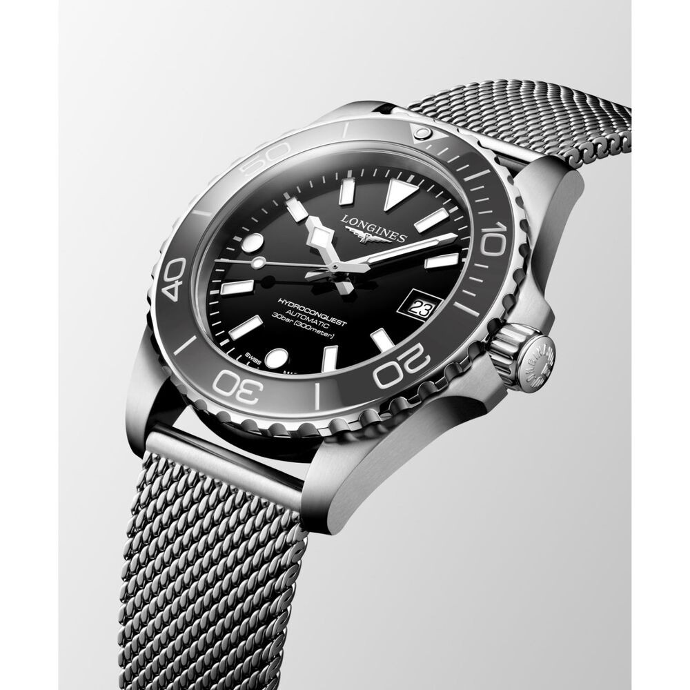 Longines HydroConquest 39mm Black Dial & Bezel Steel Mesh Bracelet Watch