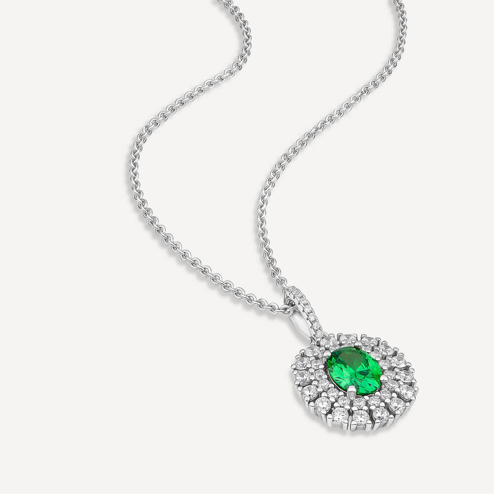 Sterling Silver Green & White Cubic Zirconia Double Halo Pendant