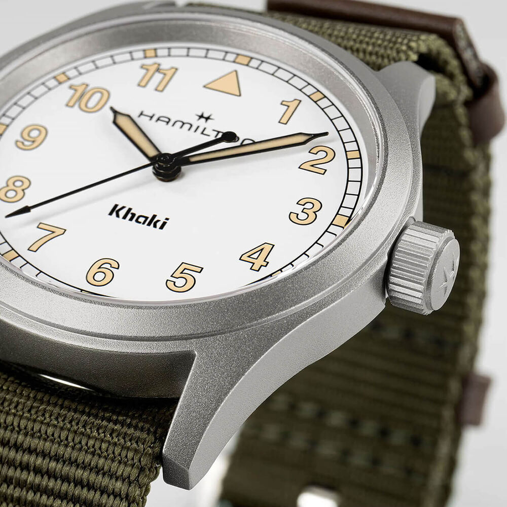 Hamilton Khaki Field Quartz 38mm White Dial Steel Case Green Strap Watch image number 2