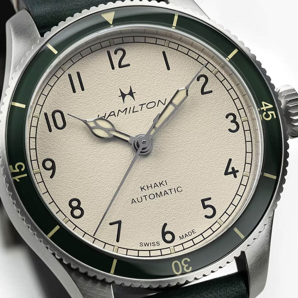 Khaki Aviation Pilot Pioneer 38mm White Dial Green Leather Strap Watch