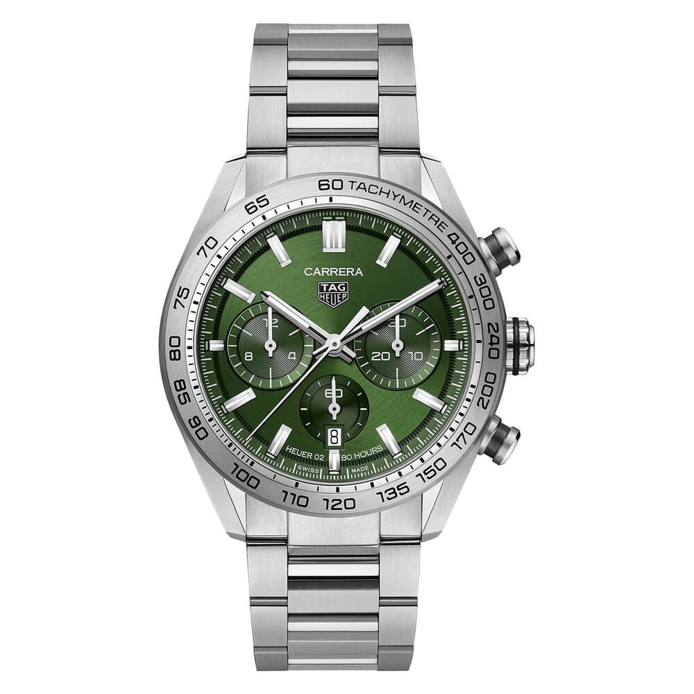 TAG Heuer Carrera 44mm Green Dial Chrono Steel Case Bracelet Watch image number 0