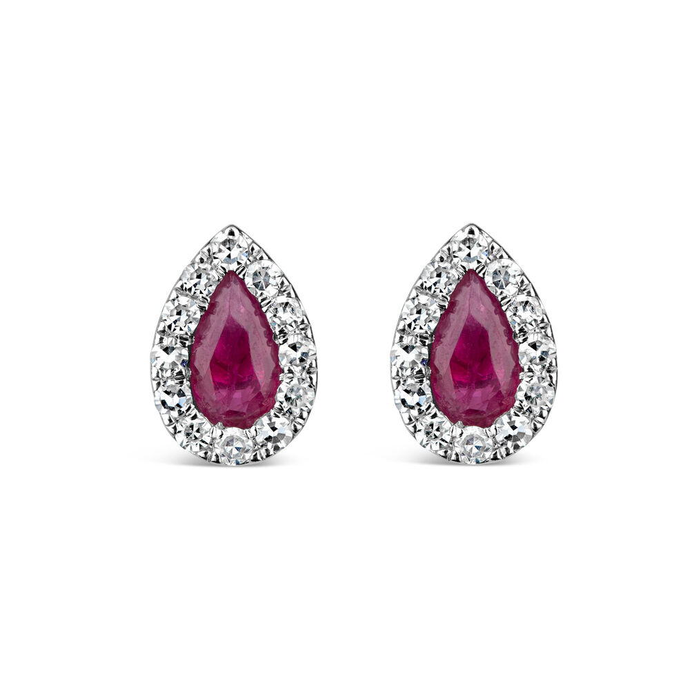 9ct White Gold 0.15ct Diamond and Ruby Pear Stud Earrings image number 0