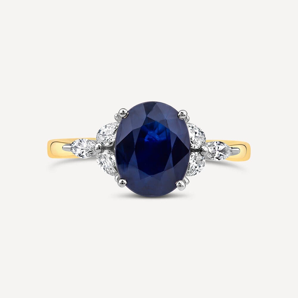 9ct Yellow Gold Sapphire Centre 0.30ct Pear & Marquise Diamond Sides Ring image number 1