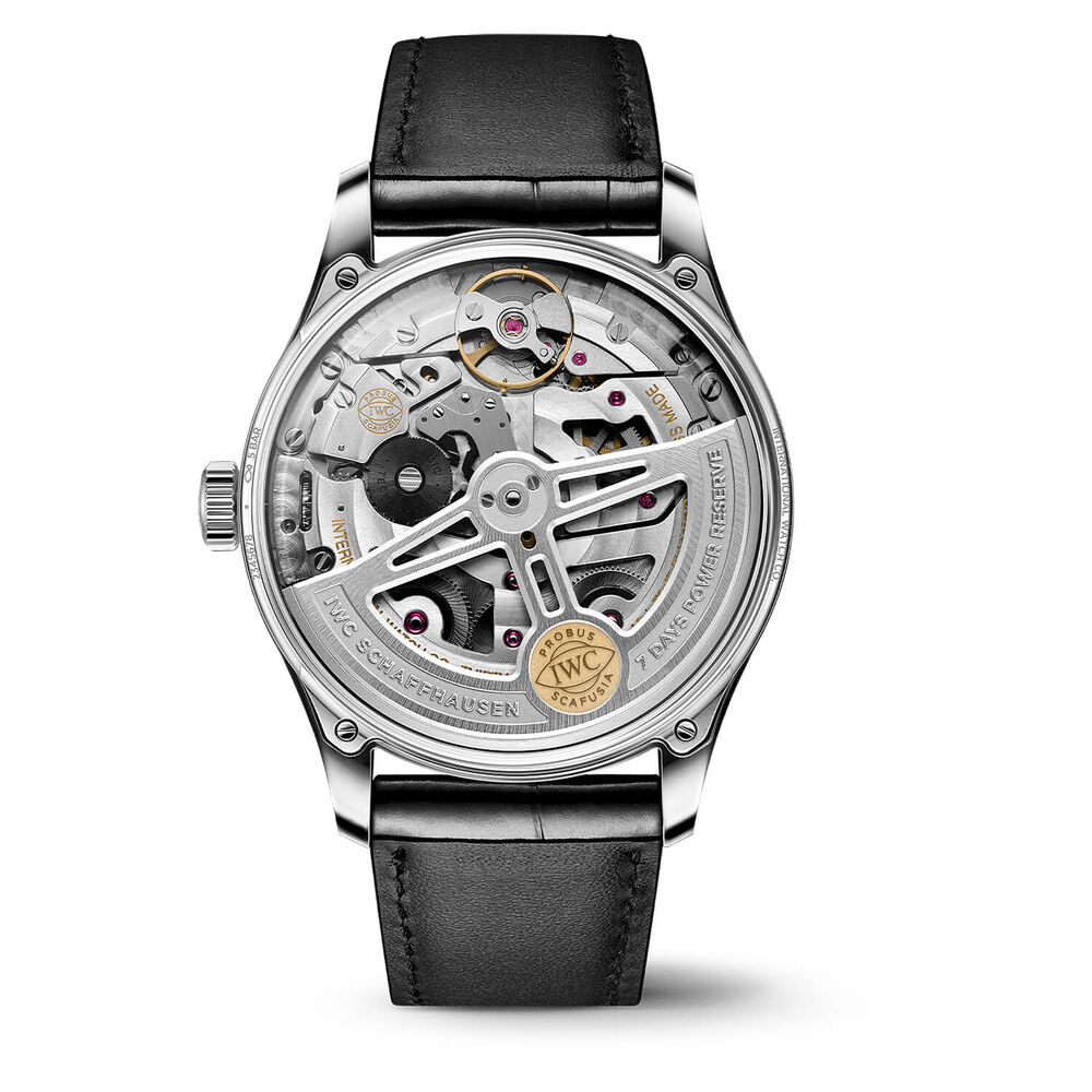 IWC Schaffhausen Portugieser Automatic 42 Silver Moon Dial Black Alligator Leather Strap Watch image number 2