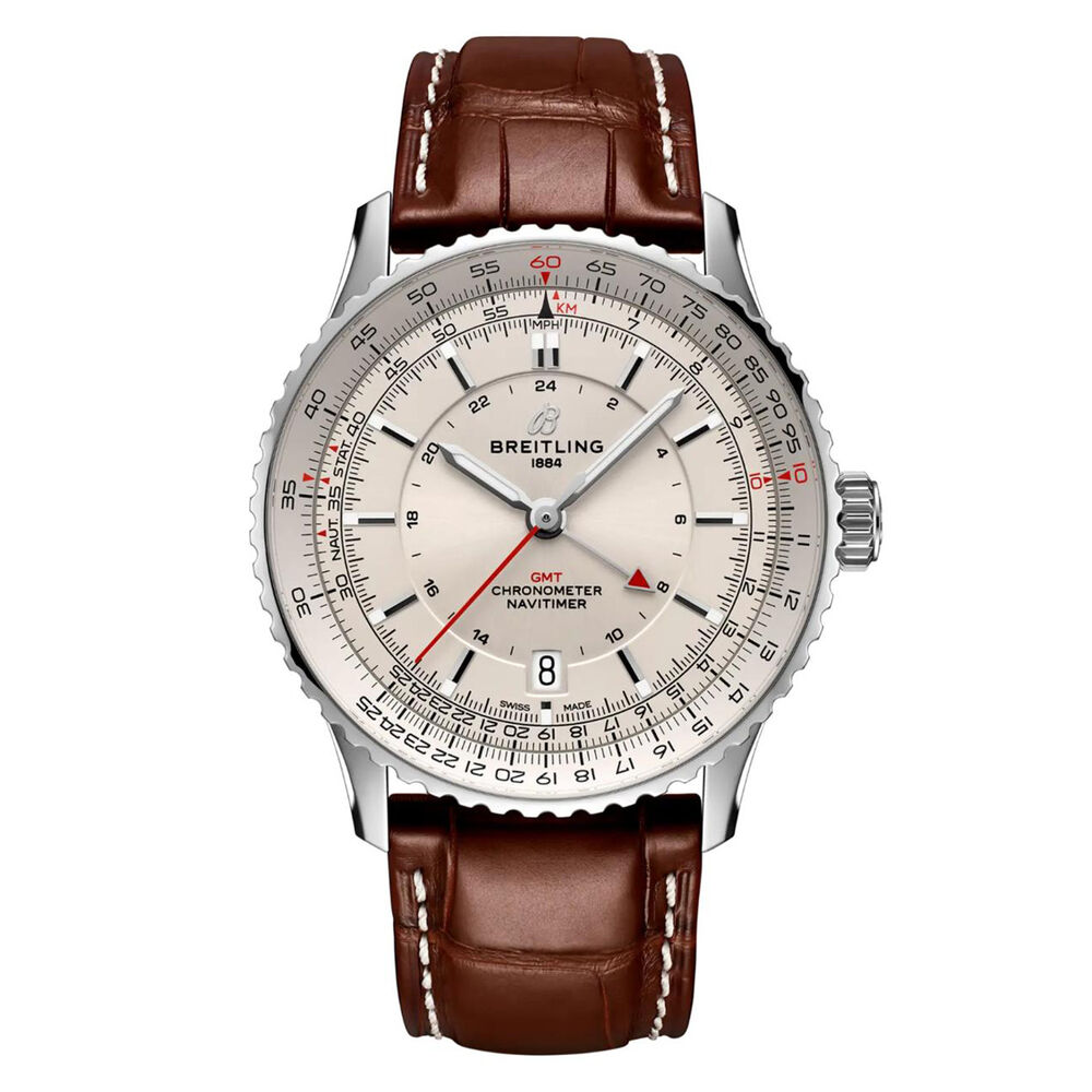Breitling Navitimer Automatic GMT 41mm Silver Dial Brown Leather Strap Watch image number 0