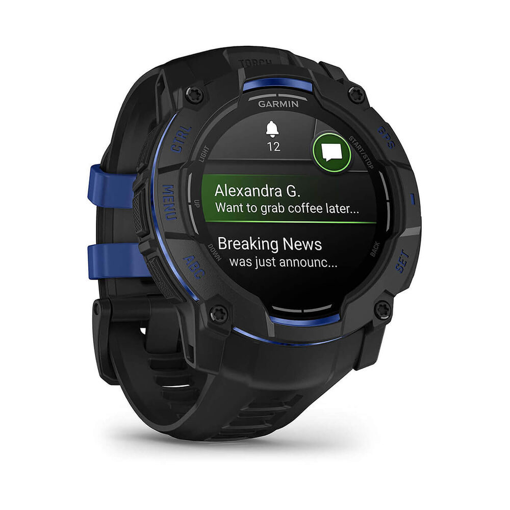 Garmin Instinct 3 50mm AMOLED Black Bezel Black & Bolt Blue Silicone Strap Watch image number 3
