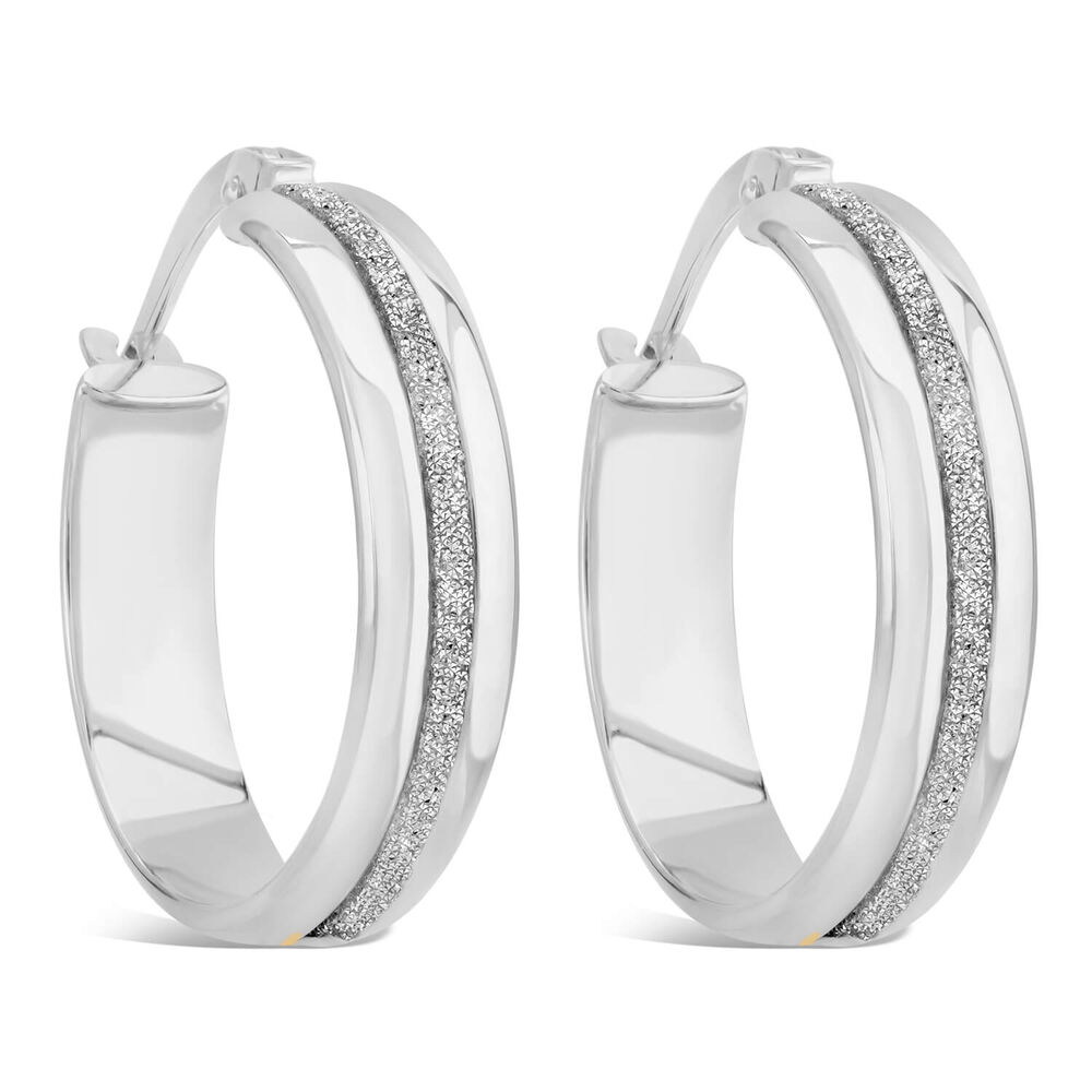 9ct White Gold Small 15mm Glitter Hoop Earrings image number 0
