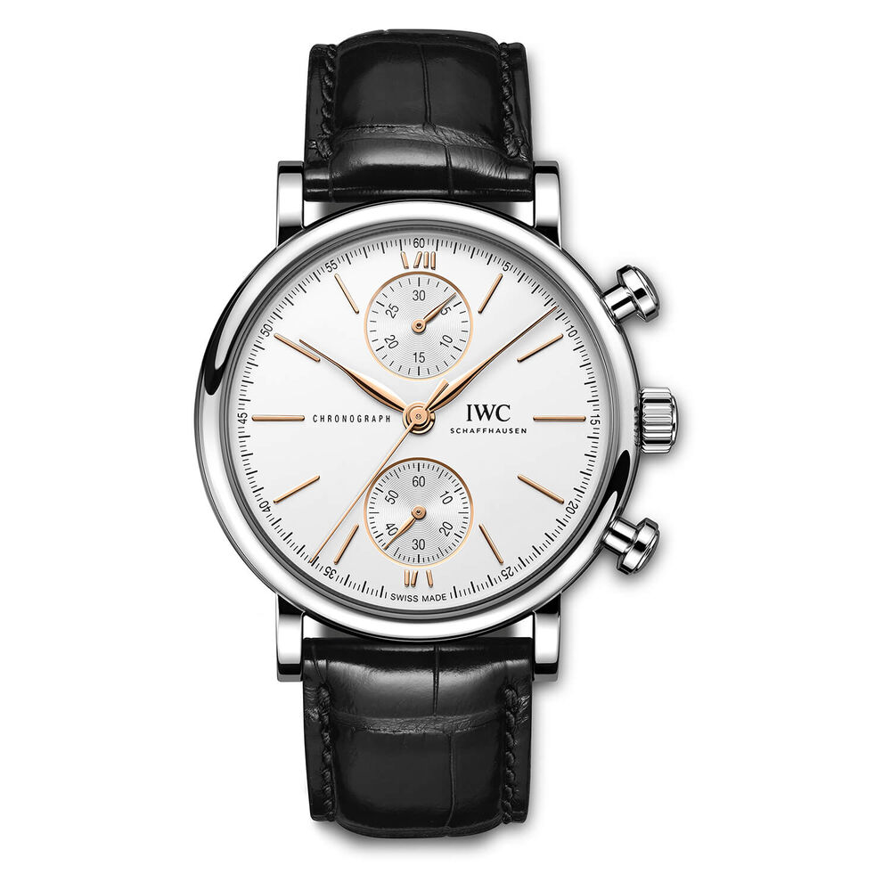 IWC Portofino 39MM Chronograph Silver Dial With Gold Index Black Strap Watch image number 0