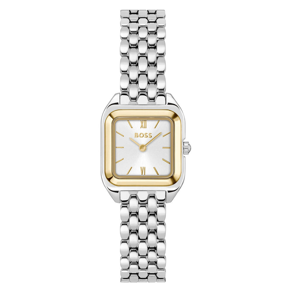 BOSS Mae Petite 22mm Square Silver Dial Gold Tone Bezel Steel Bracelet Watch image number 0