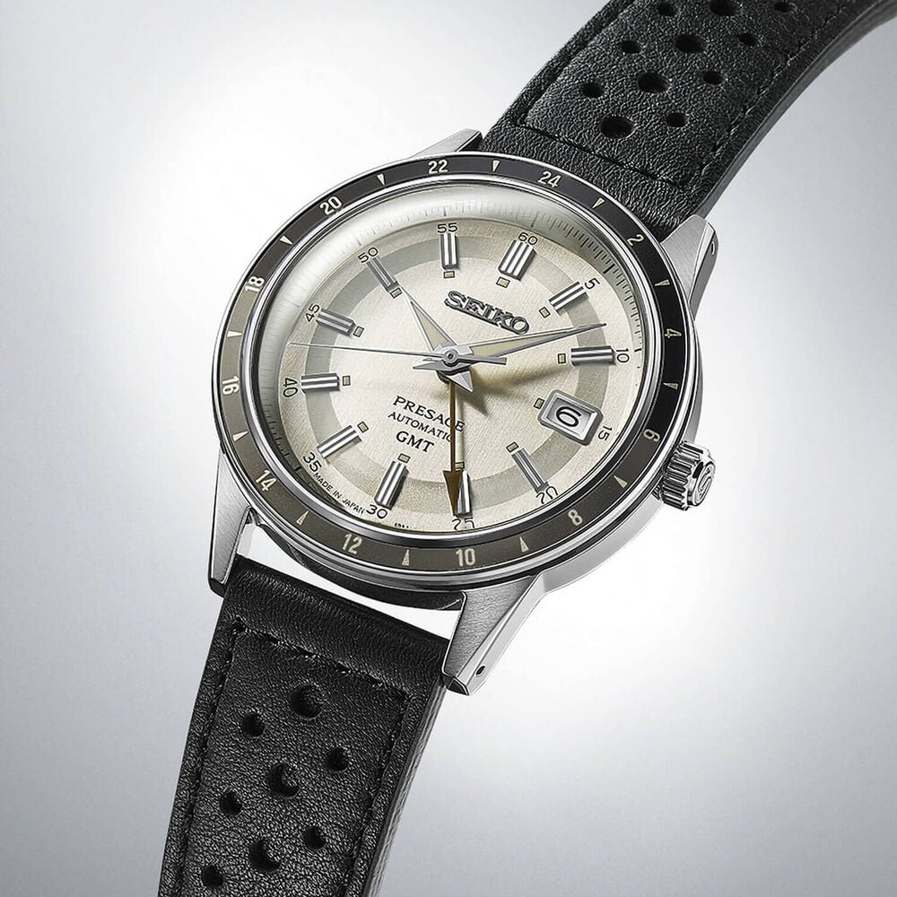 Seiko Presage 'Stone' Style 60s Road Trip GMT 40.8mm Silver Dial Black Strap Watch image number 1
