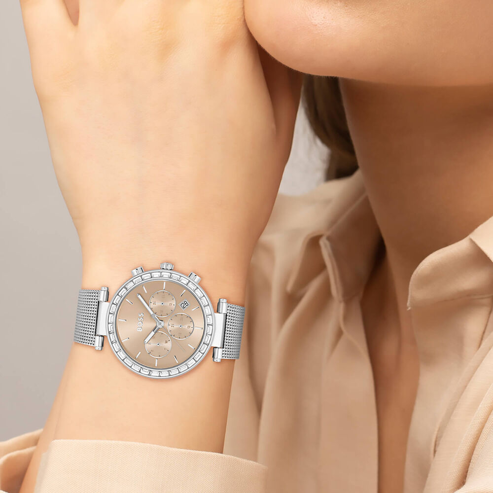 BOSS Andra 39mm Pink Dial Crystal Bezel Bracelet Watch image number 4