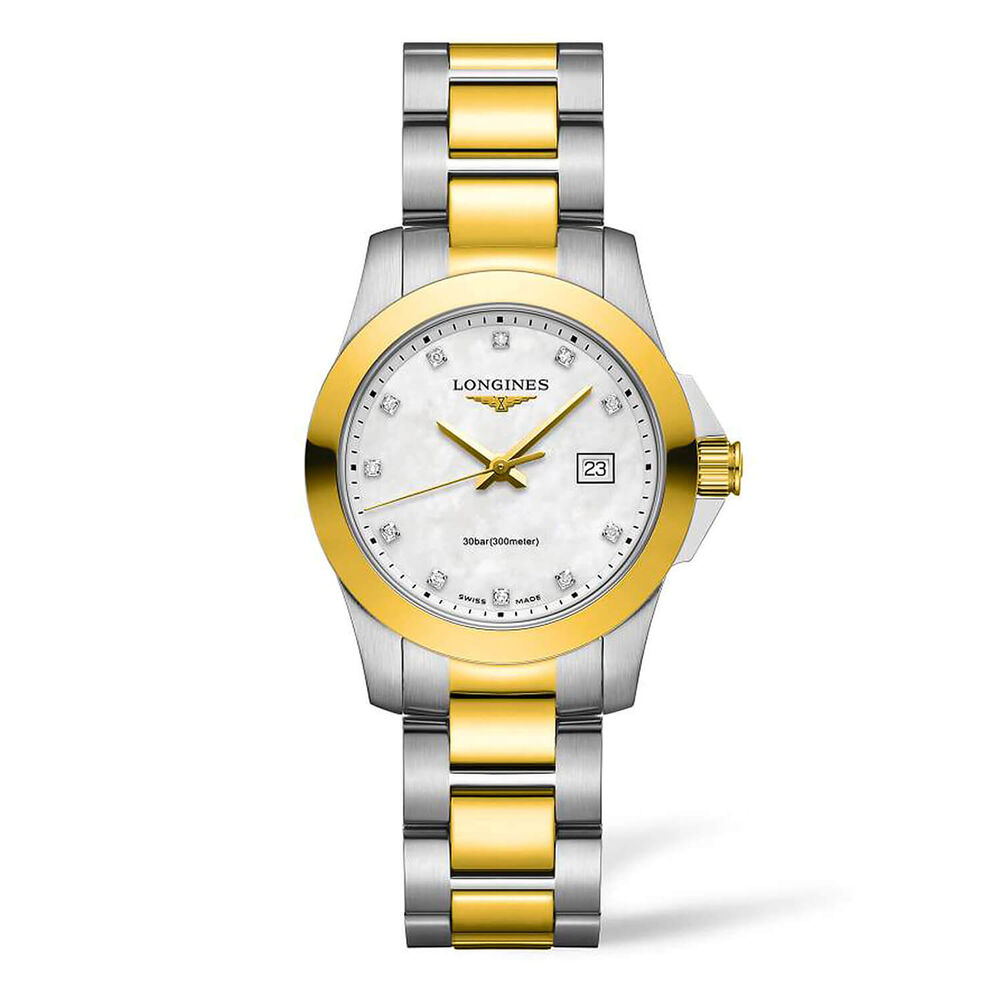 Longines Conquest 29.5mm Mother of Pearl Diamond Dot Dial Yellow Gold & Steel Case Bracelet Watch