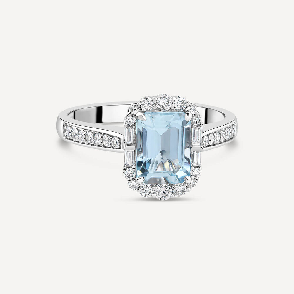 Platinum Emerald Cut Aquamarine Centre 0.33ct Diamond Baguette Brilliant Halo & Shoulders Ring image number 2