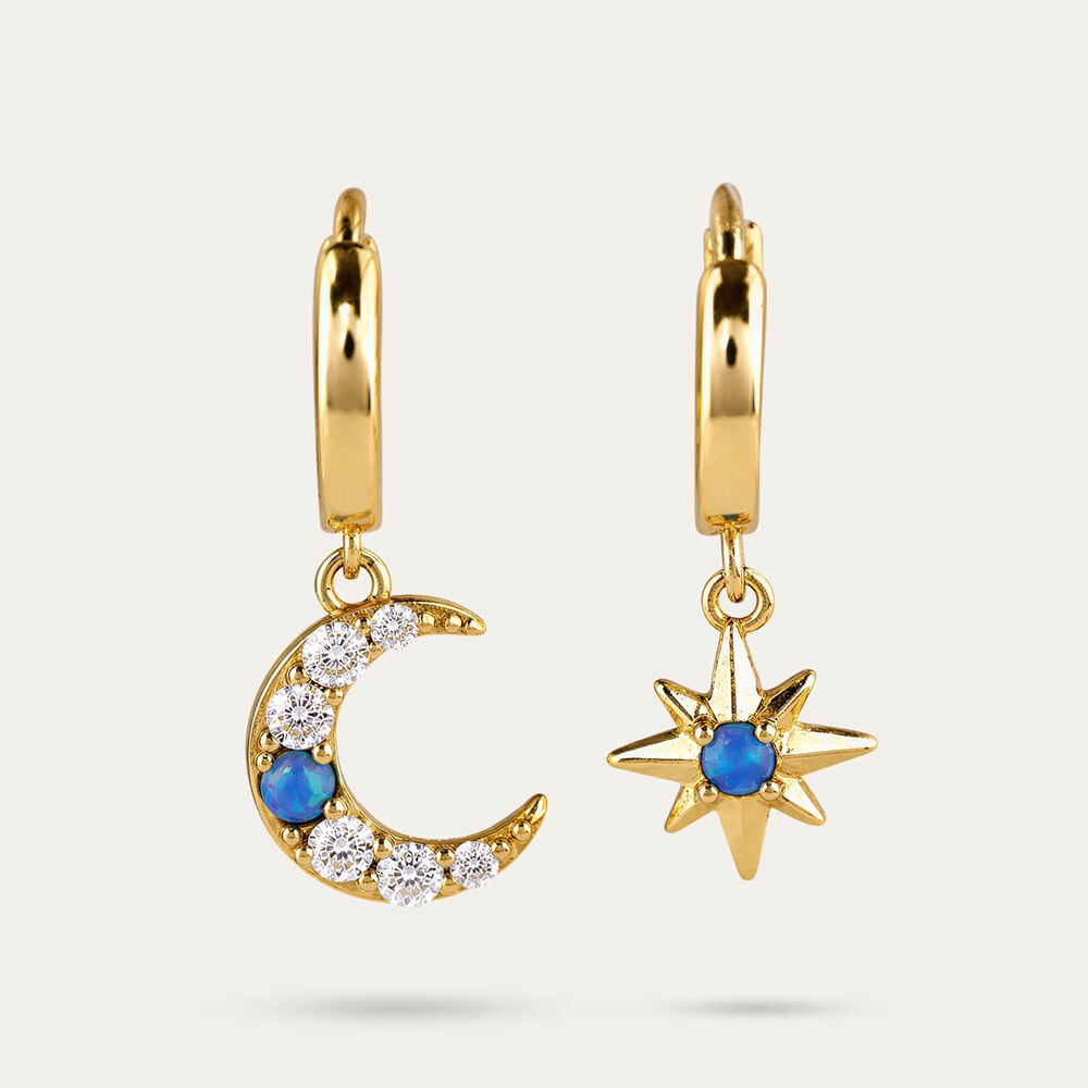 Yellow Gold Plated Sterling Silver Moon & Star Mixed Pair Drop Earrings