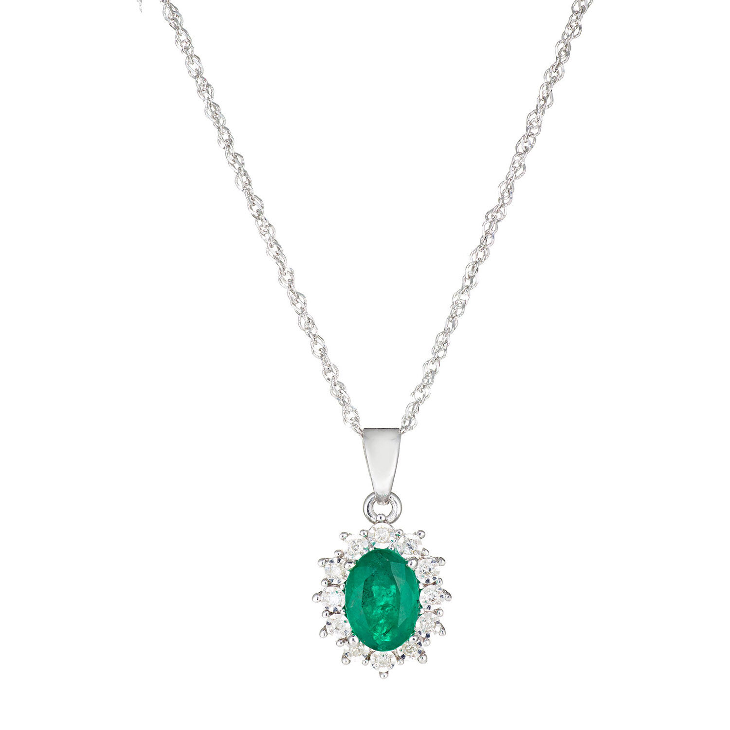 9ct White Gold Oval Emerald And Diamond Pendant at Fraser Hart
