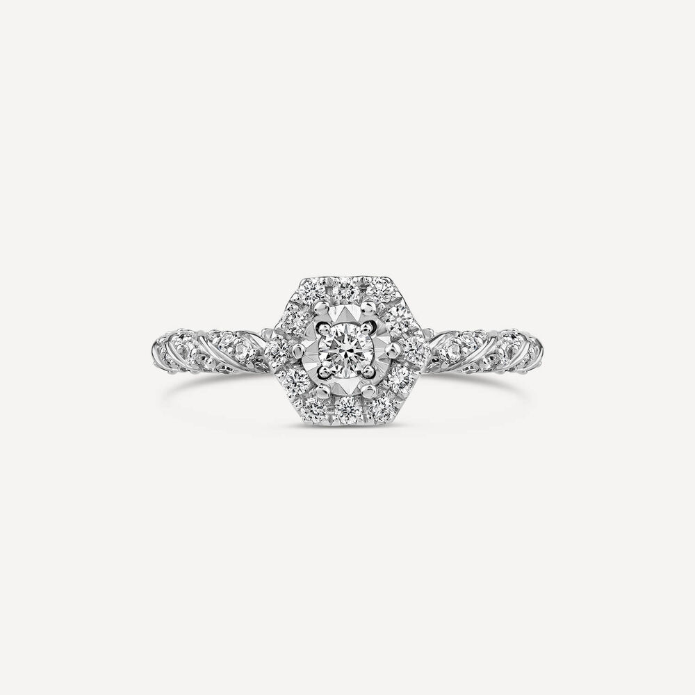 18ct White Gold Hexagon Halo Vintage 0.35ct Diamond Shoulders Ring image number 1