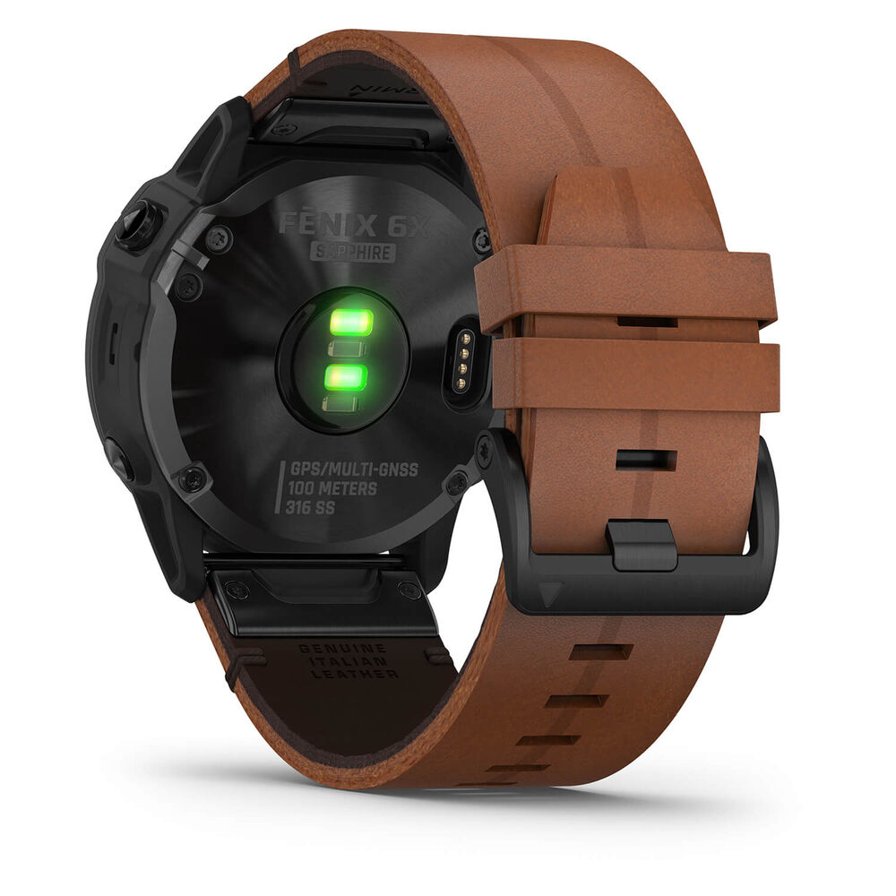 Garmin Fenix 6X Sapphire Black DLC Chestnut Leather Band Smartwatch image number 3