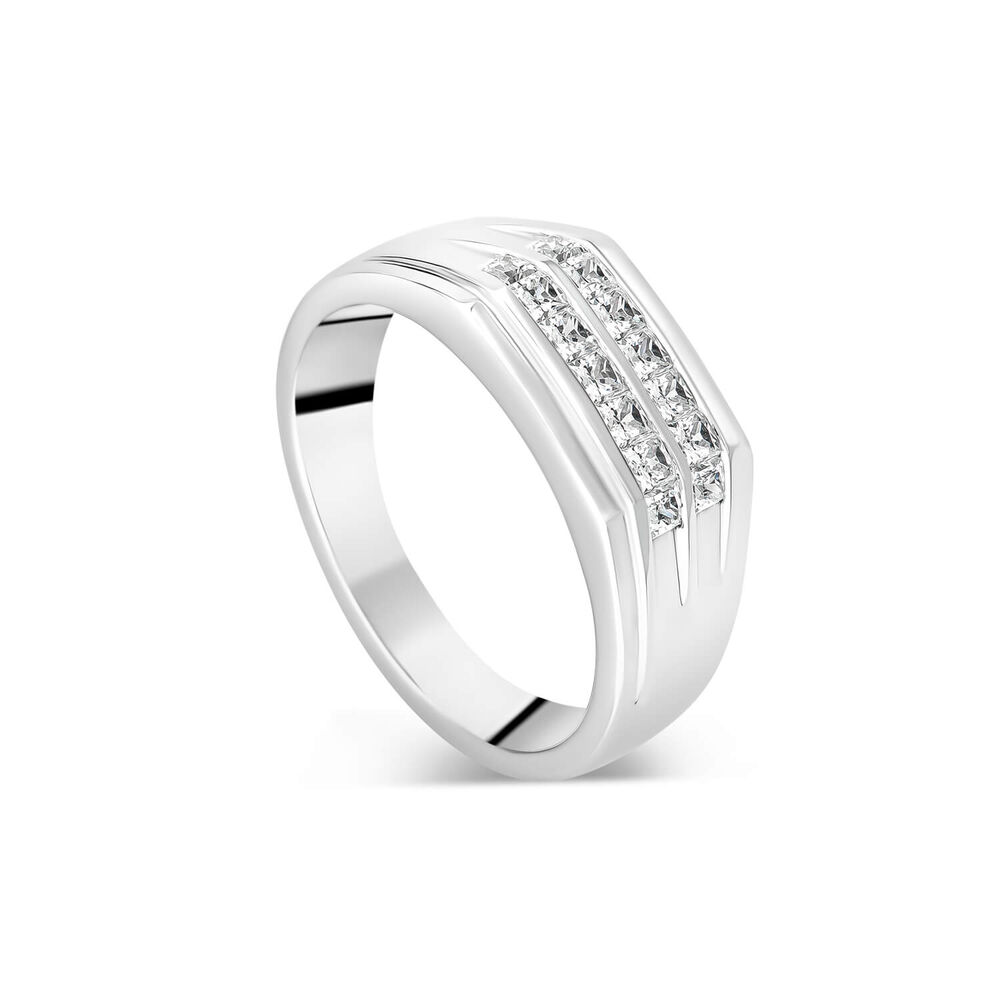 Gents Sterling Silver Two Line Square Cubic Zirconia Signet Ring