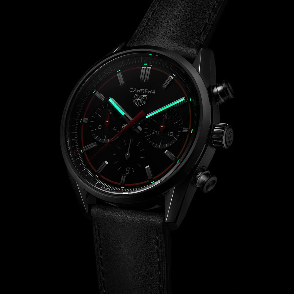 TAG Heuer Carrera Chronograph 42mm Black Dial Red Details Leather Strap Watch image number 6