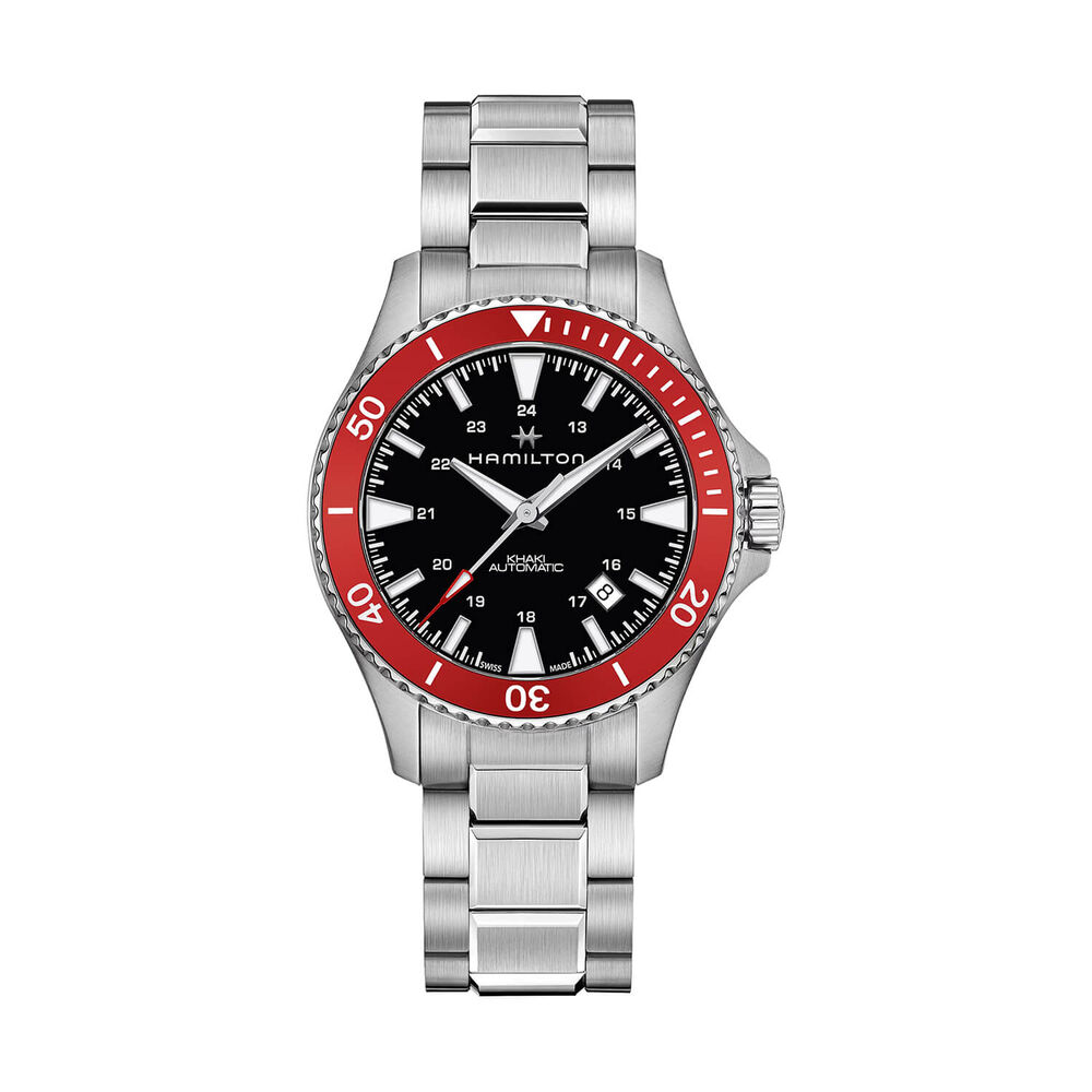 Hamilton Khaki Navy Scuba Auto 40mm Black Dial Red Bezel Steel Bracelet Watch image number 0