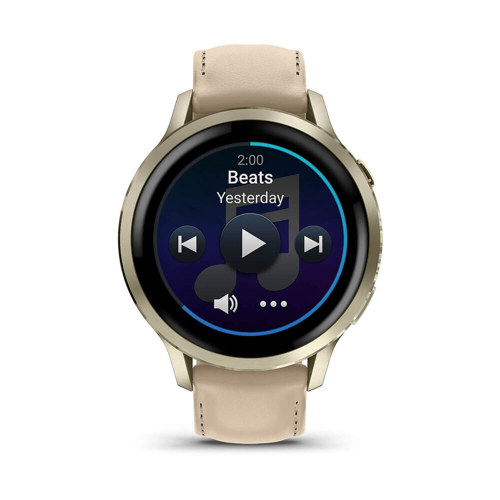 Garmin Venu 4 41mm Lunar Gold Bezel Light Sand Leather Strap Watch image number 2