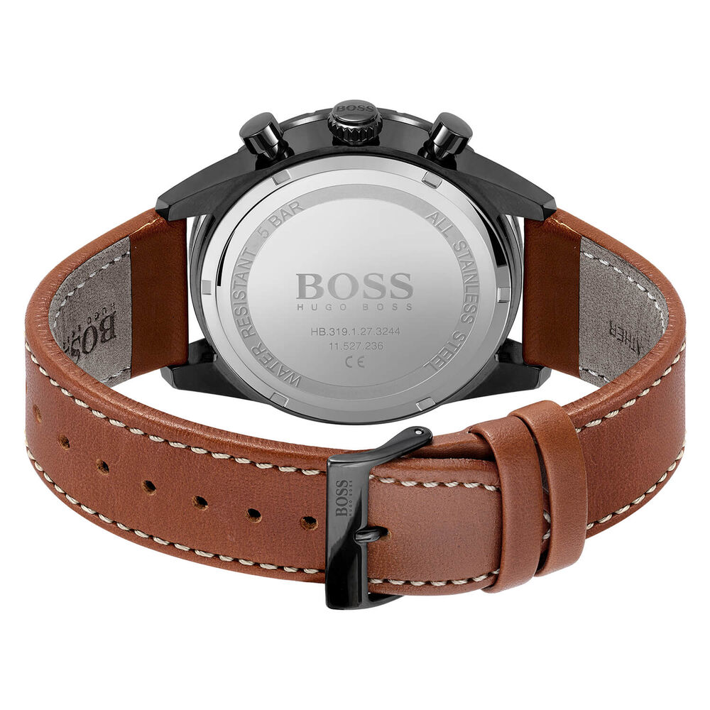 Hugo Boss Pilot Chronograph 44mm Black Dial Black PVD Case Brown Strap Watch image number 1