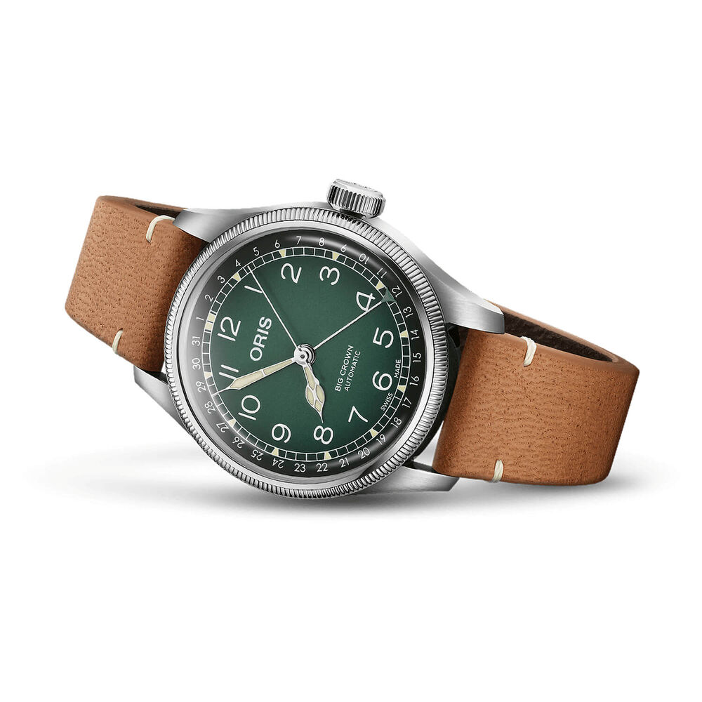 Oris Big Crown 38mm Green Dial Steel Case Tan Strap Watch image number 1