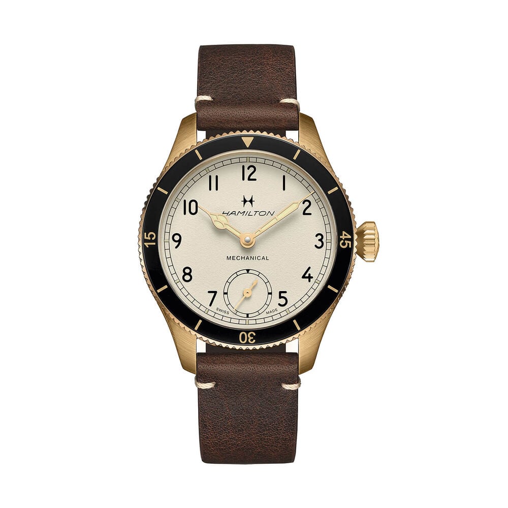 Khaki Aviation Pilot Pioneer Mechanical Bronze 43mm White Dial Brown Leather Strap Watch