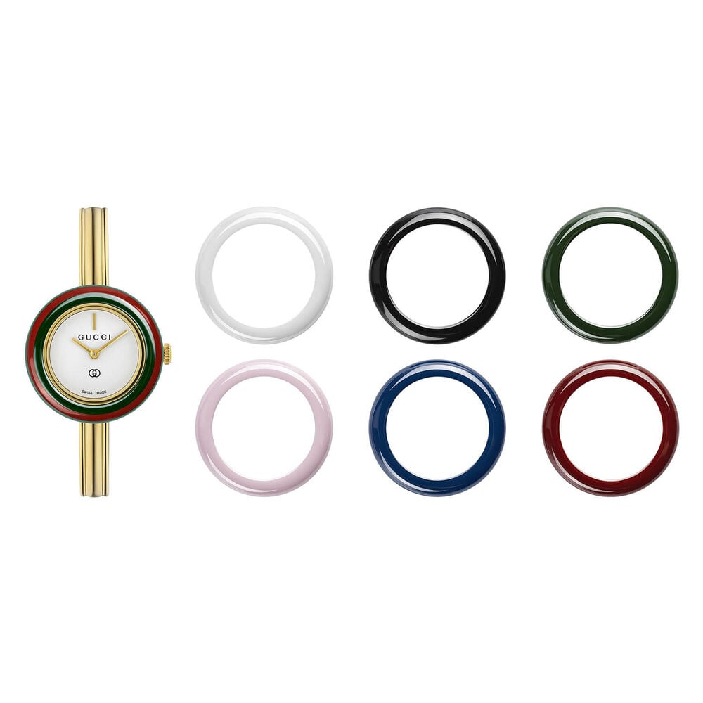 Gucci Play 28mm White Dial Interchangable Bezels Gold Tone Bangle Watch