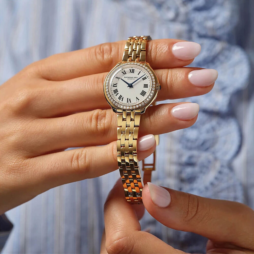 Raymond Weil Toccata Heritage 28mm White Dial Diamond Set Bezel Gold PVD Steel Bracelet Watch
